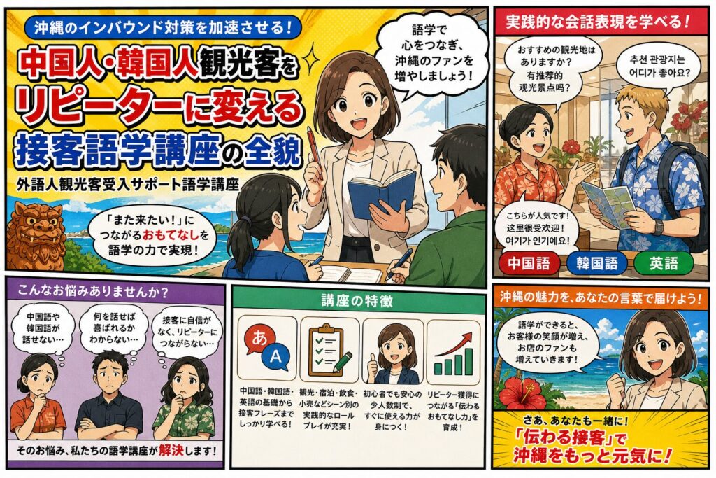 外語人観光客受入サポート語学講座 沖縄のインバウンド対策を加速させる。中国人・韓国人観光客をリピーターに変える接客語学講座の外語人観光客受入サポート語学講座を那覇市で開催
