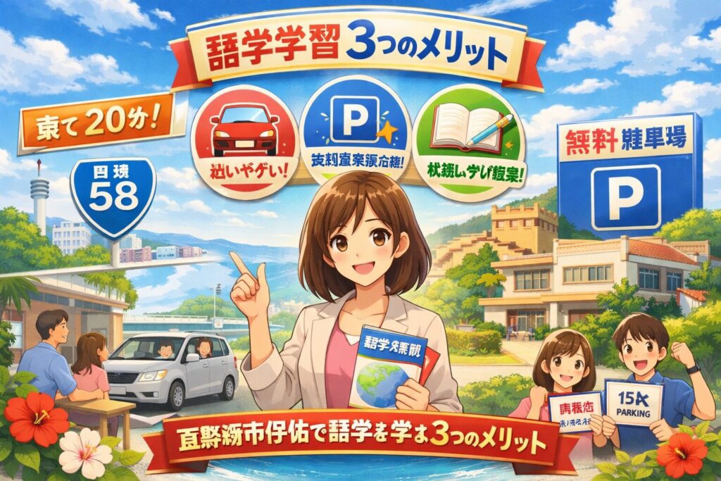 那覇・中部から車で20分！宜野湾市伊佐で語学を学ぶ3つのメリット｜無料駐車場完備＆国道58号線沿いの通いやすさを徹底解説