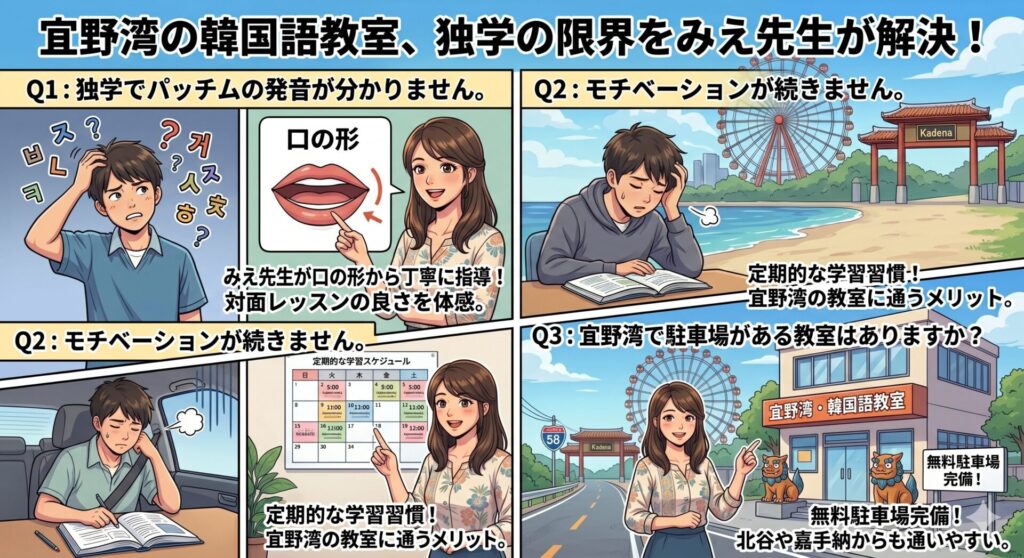 韓国語の独学に限界を感じている宜野湾在住の方へ。みえ先生がQ&Aで解決策を解説