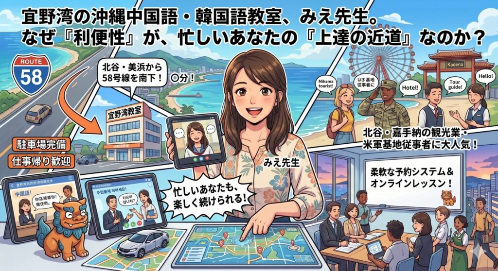 北谷・嘉手納から通いやすい！宜野湾の沖縄中国語・韓国語教室で仕事帰りに語学をマスター