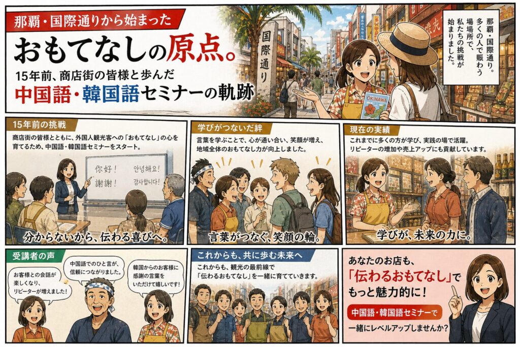 那覇・国際通りから始まったおもてなしの原点。15年前、商店街の皆様と歩んだ中国語・韓国語セミナーの軌跡